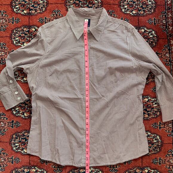 GAP 14 Brown/White Mini Gingham Super Smooth 3/4 Sleeve Button Front Blouse - Picture 6 of 9